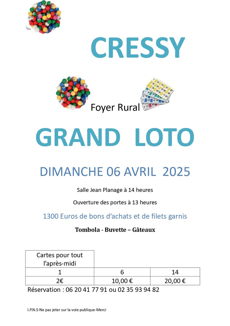 Grand loto à Cressy le 6 avril 2025