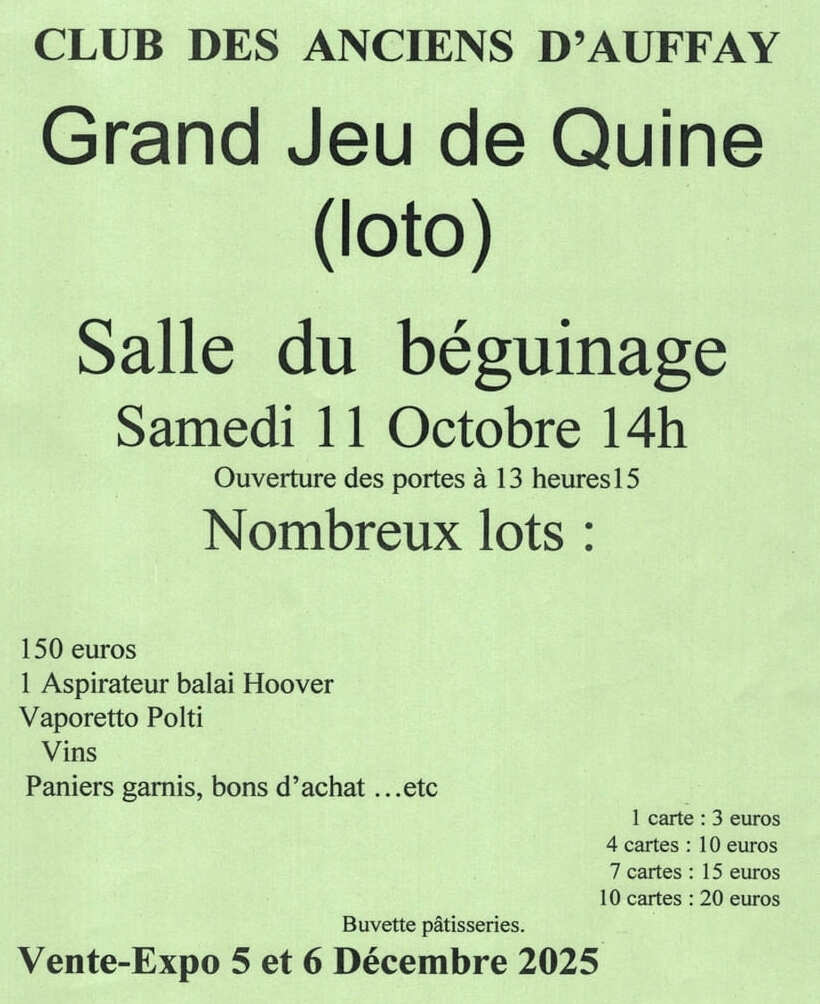 Loto. Grand jeu de quine. Samedi 11 octobre 2025 à 14 h à Auffay.