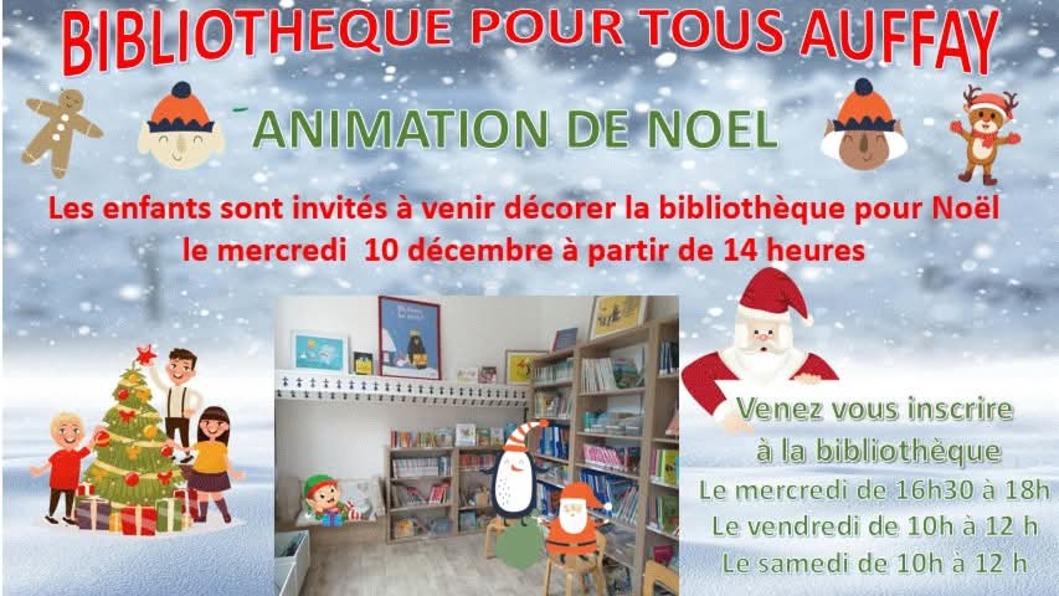 La Bibliothèque pour Tous d’Auffay invite les enfants à venir décorer la bibliothèque pour Noël le mercredi 10 décembre dès 14h. Découvrez les horaires d’inscription et participez à une après-midi festive et créative !