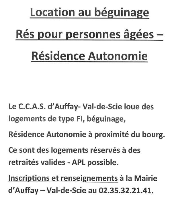Location de logements pour personnes âgées à Auffay Val-de-Scie