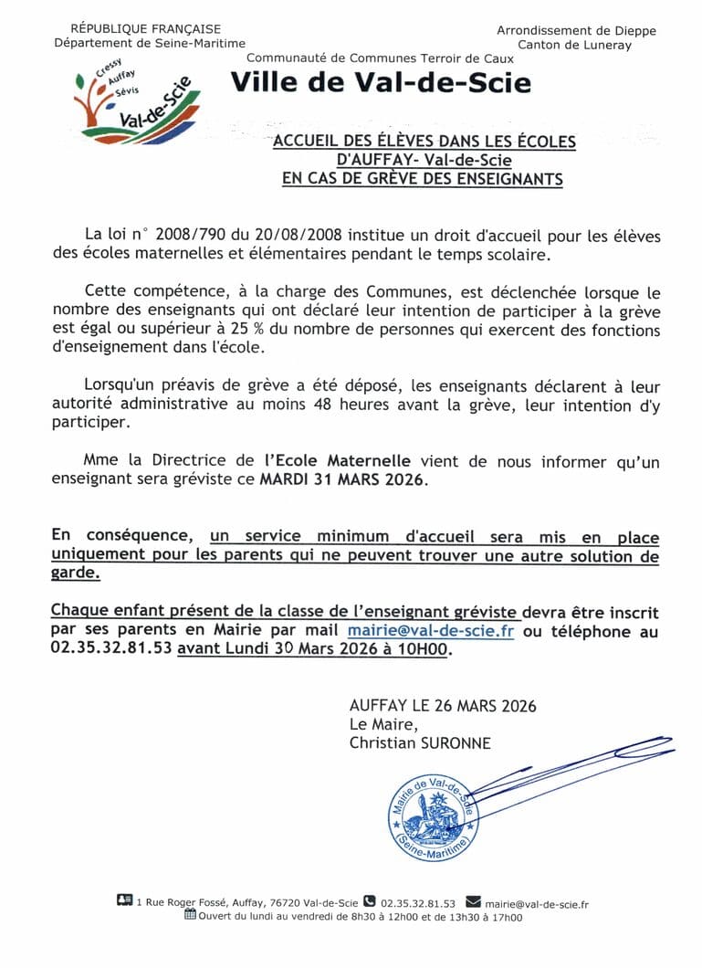 Grève des enseignants : organisation de l’accueil des élèves à Val-de-Scie le 31 mars 2026
