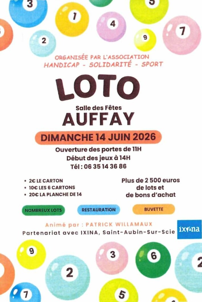 Loto le 14 juin à la salle des fêtes d'Auffay. Organisé par l'association Handicap - Solidarité" - Sport