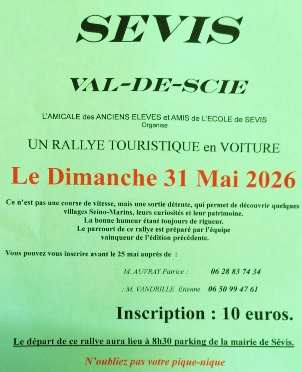 Rallye touristique de voiture à Sévis en Seine-Maritime le 31 mai 2026.