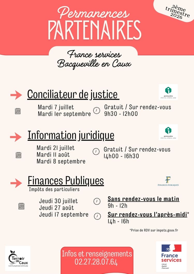 Découvrez les permanences partenaires de France Services à Bacqueville-en-Caux : conciliateur de justice, information juridique et finances publiques. Dates, horaires et modalités de rendez-vous.