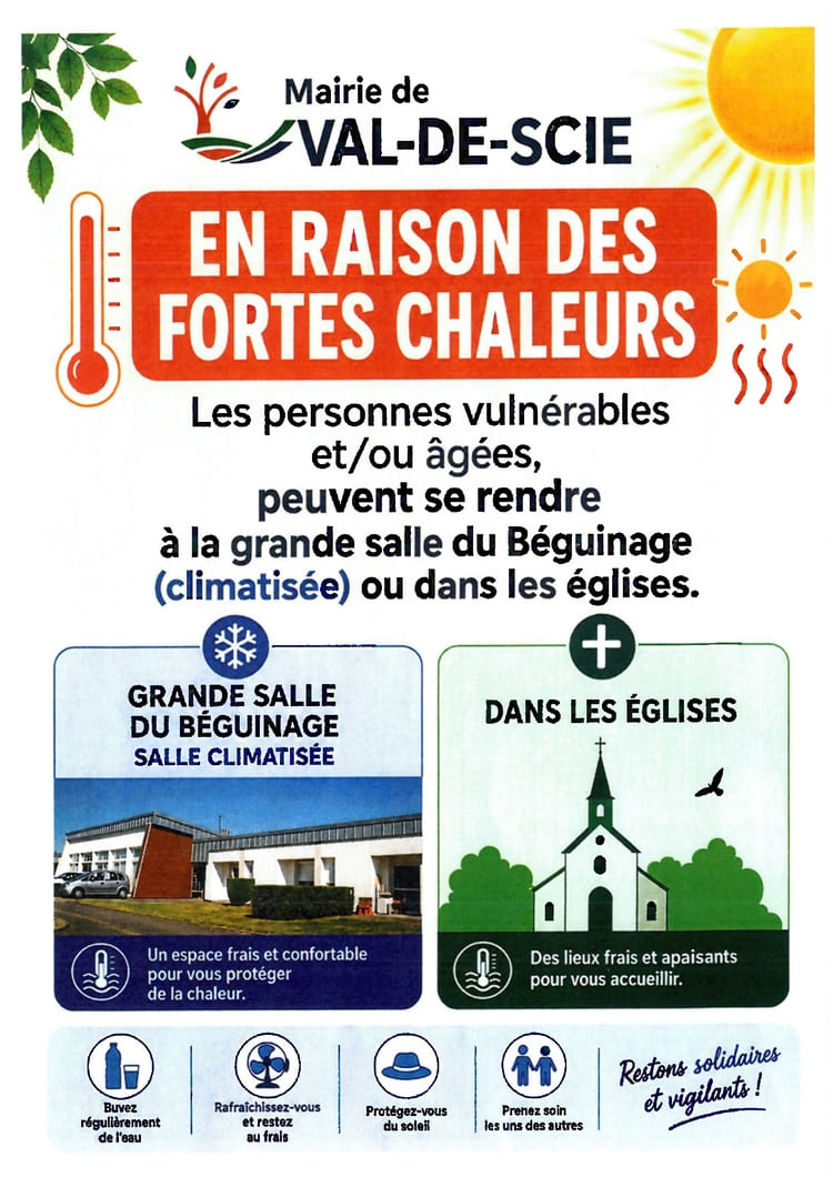 Fortes chaleurs à Val-de-Scie : la salle climatisée du Béguinage et les églises accueillent les personnes âgées et vulnérables pour se protéger de la chaleur.