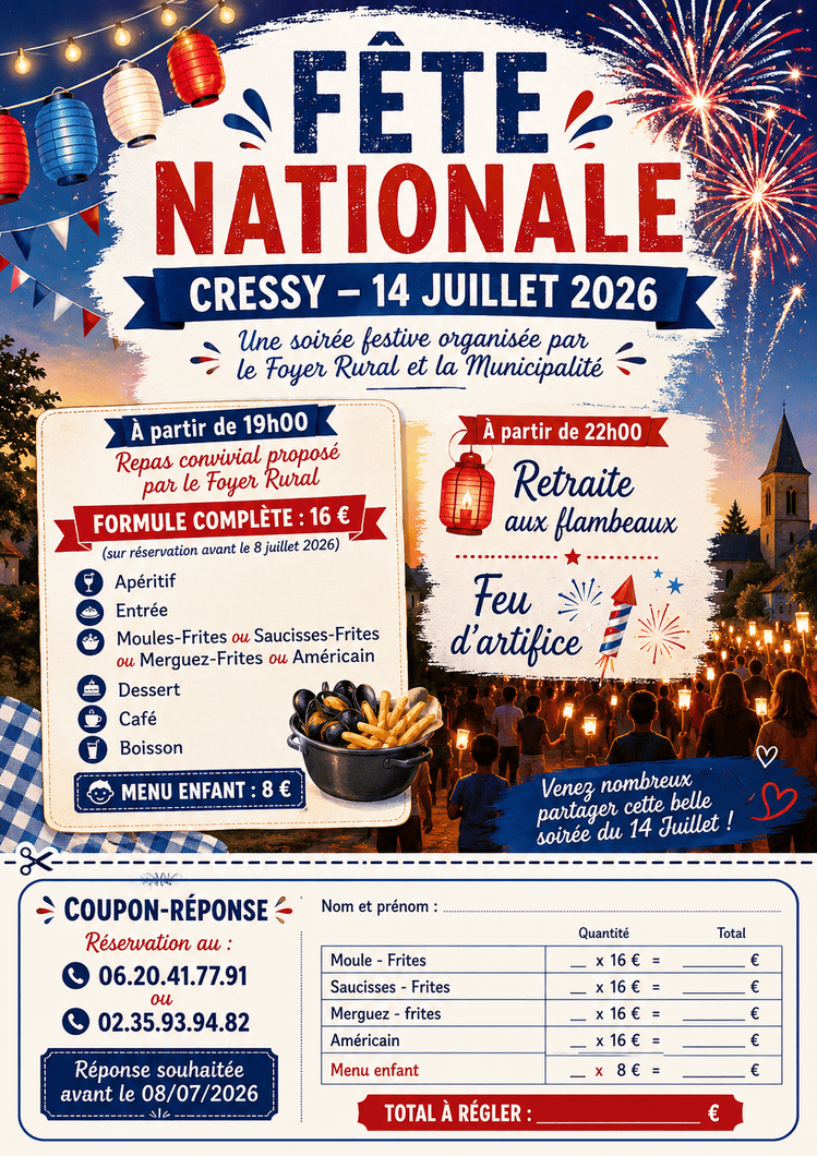 Fête Nationale 2026 à Cressy : repas, retraite aux flambeaux et feu d’artifice du 14 juillet