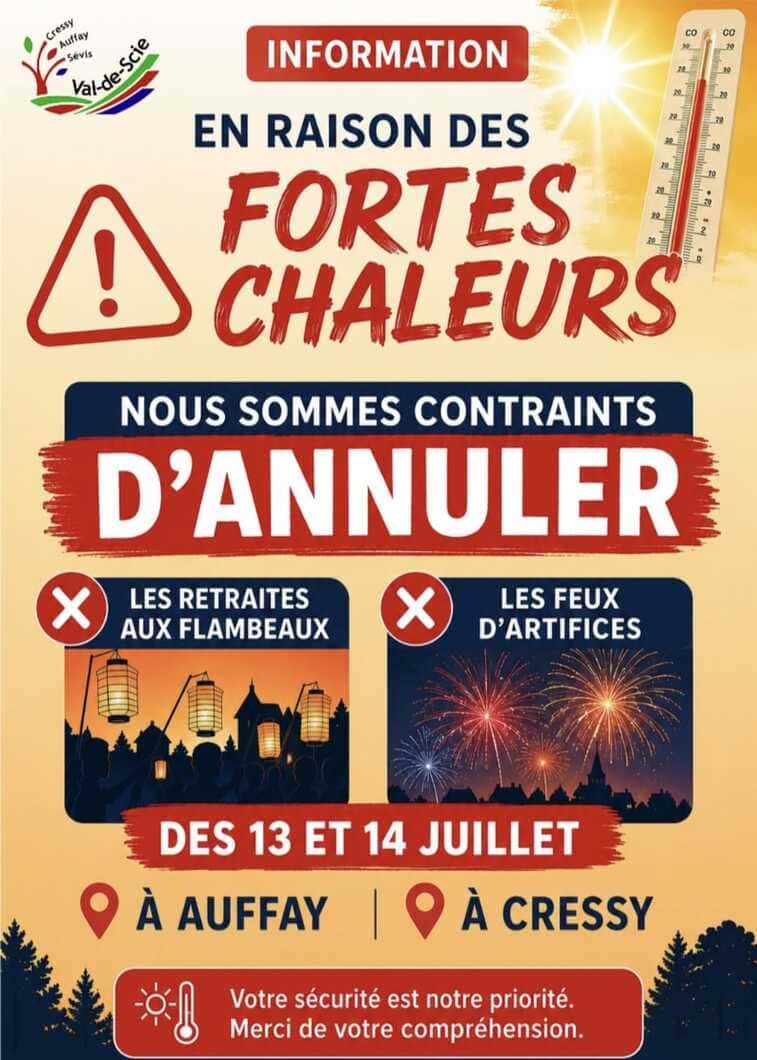 Fortes chaleurs : annulation des retraites aux flambeaux et feux d'artifice des 13 et 14 juillet à Val-de-Scie