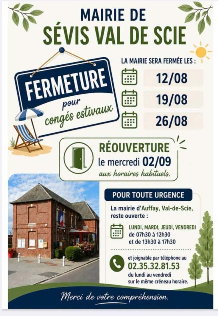 Fermeture estivale Sévis 2026