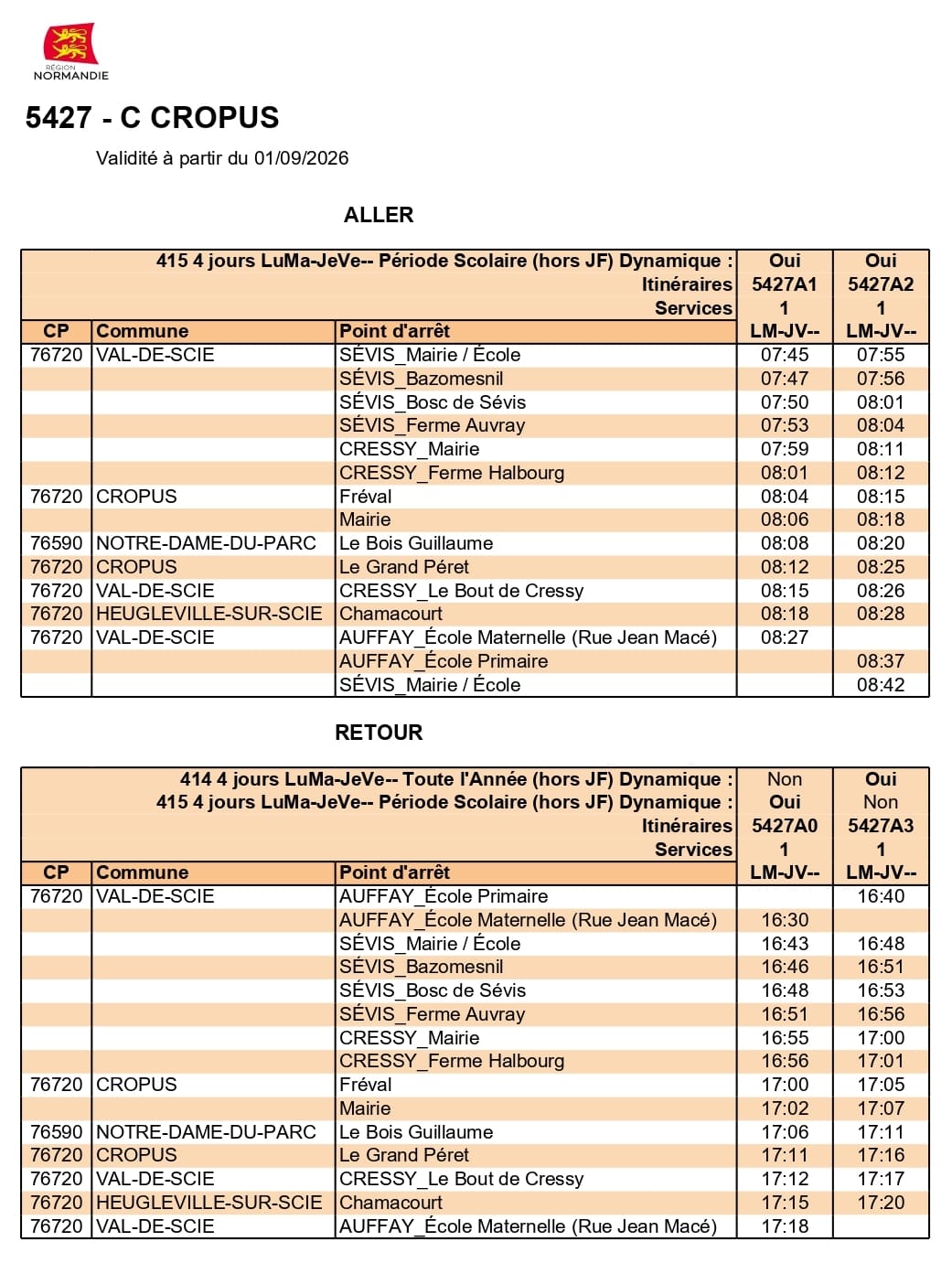Horaires des transports scolaires 2026-2027 – Ligne 5427 C Cropus