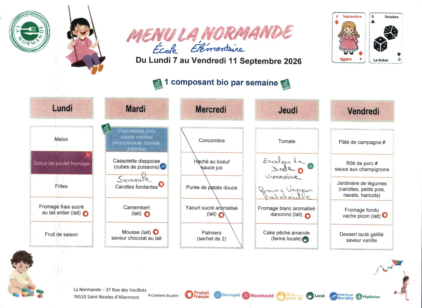 Menu école élémentaire Jean-Quesnay