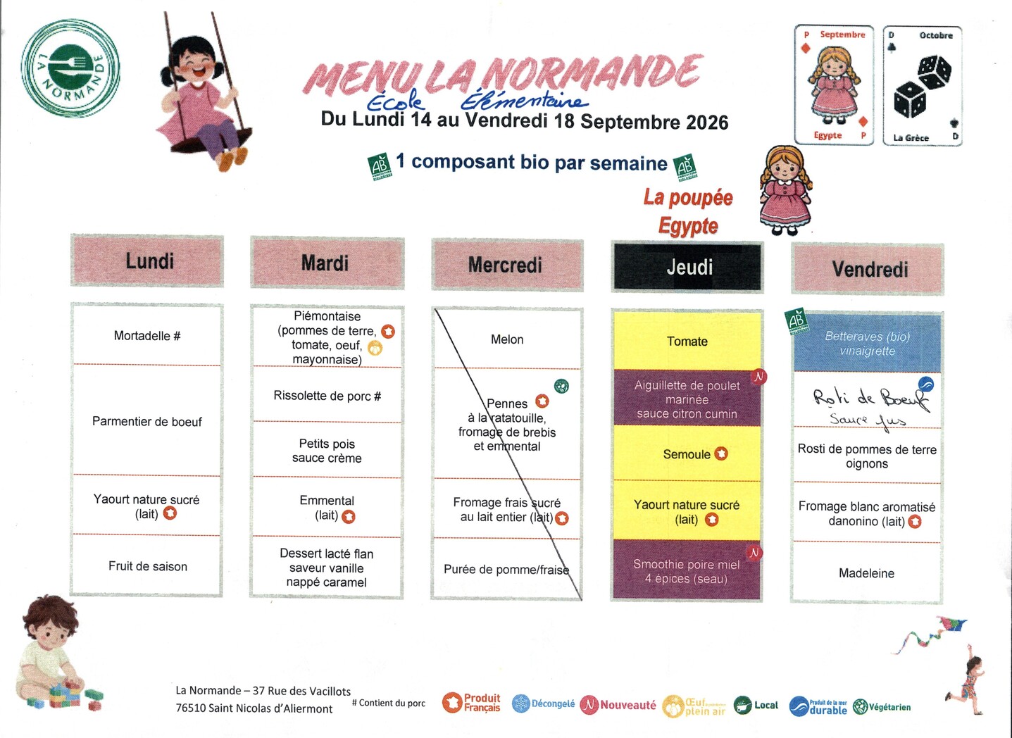 Menu école élémentaire Jean Quesnay