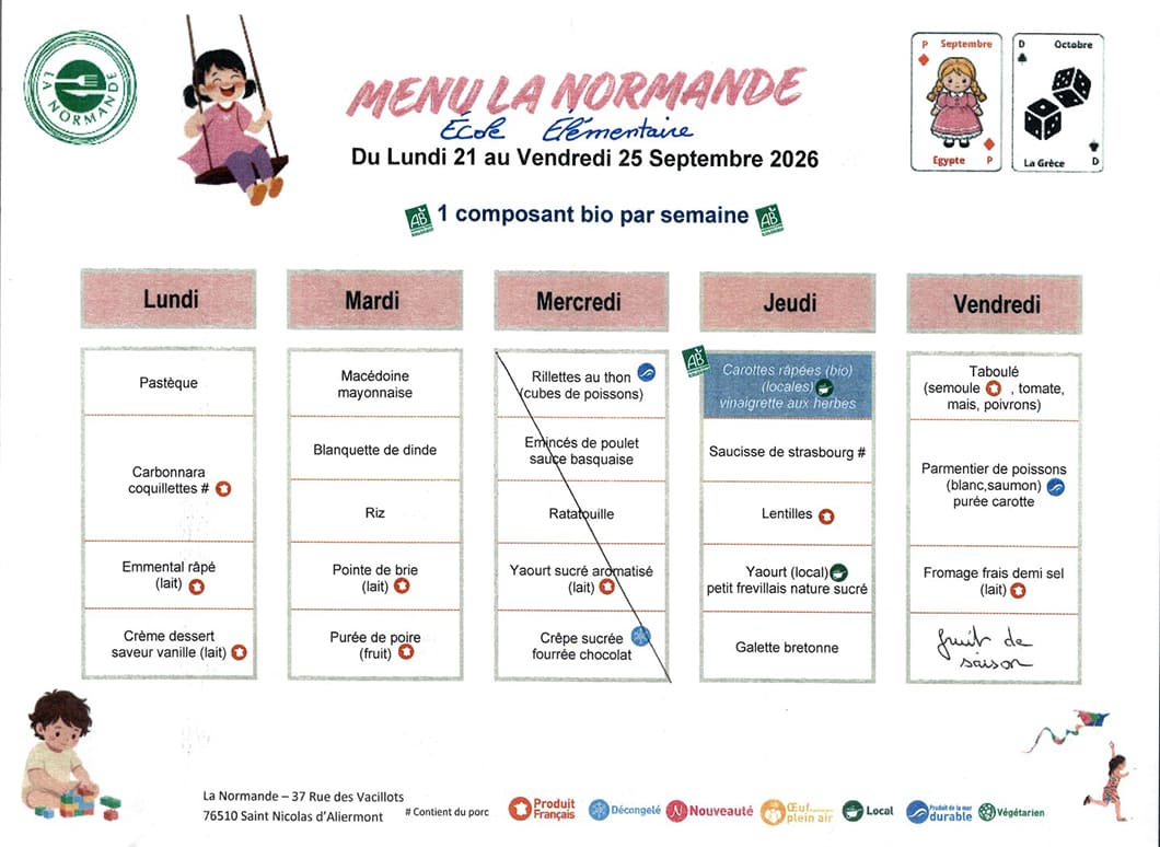 Menu école élémentaire Jean Quesnay