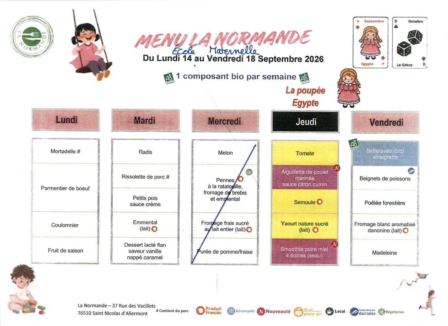 Menu école maternelle "Les lutins"