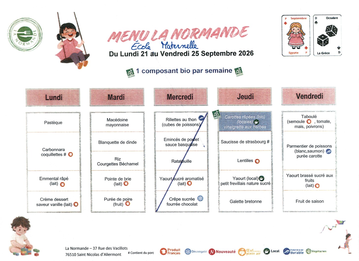 Menu, école maternelle "LesLutins"