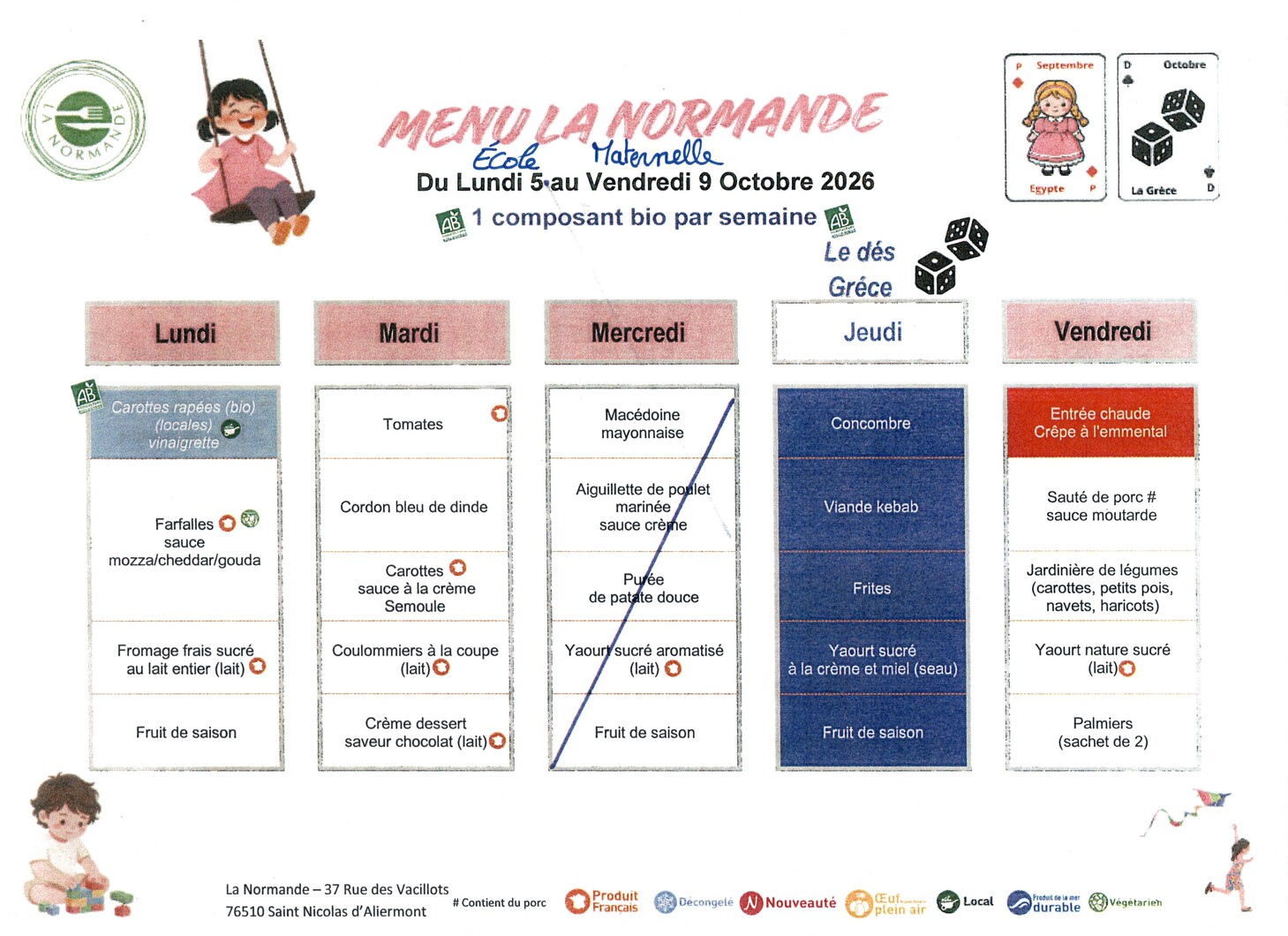Menu école maternelle "Les Lutins"