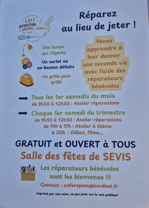 Ateliers "Réparer au lieu de jeter" à Sévis Val-de-Scie