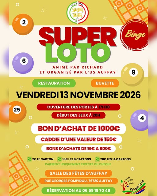 Super loto le 13 novembre 2026 à la salle des fêtes d'Auffay
