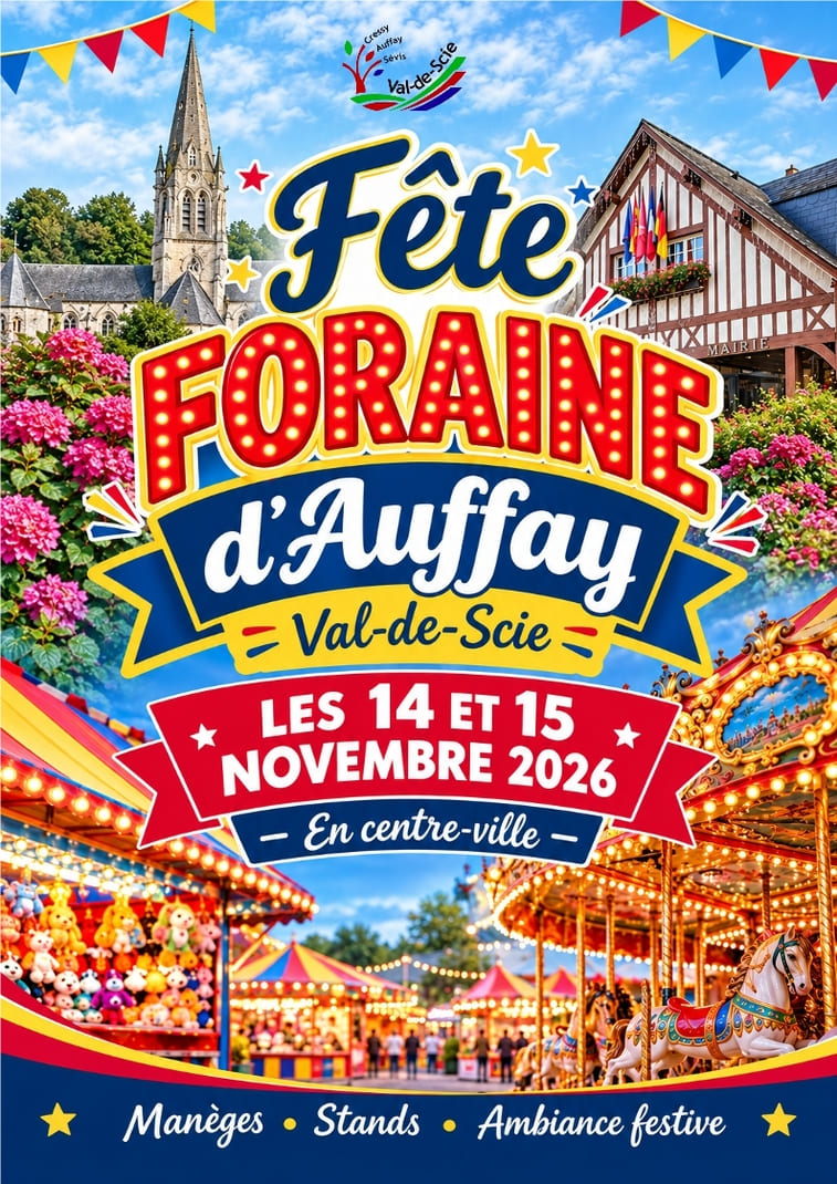 Rendez-vous à la fête foraine d’Auffay, à Val-de-Scie, les 14 et 15 novembre 2026 ! Manèges, stands et ambiance festive en centre-ville pour un week-end convivial en famille.
