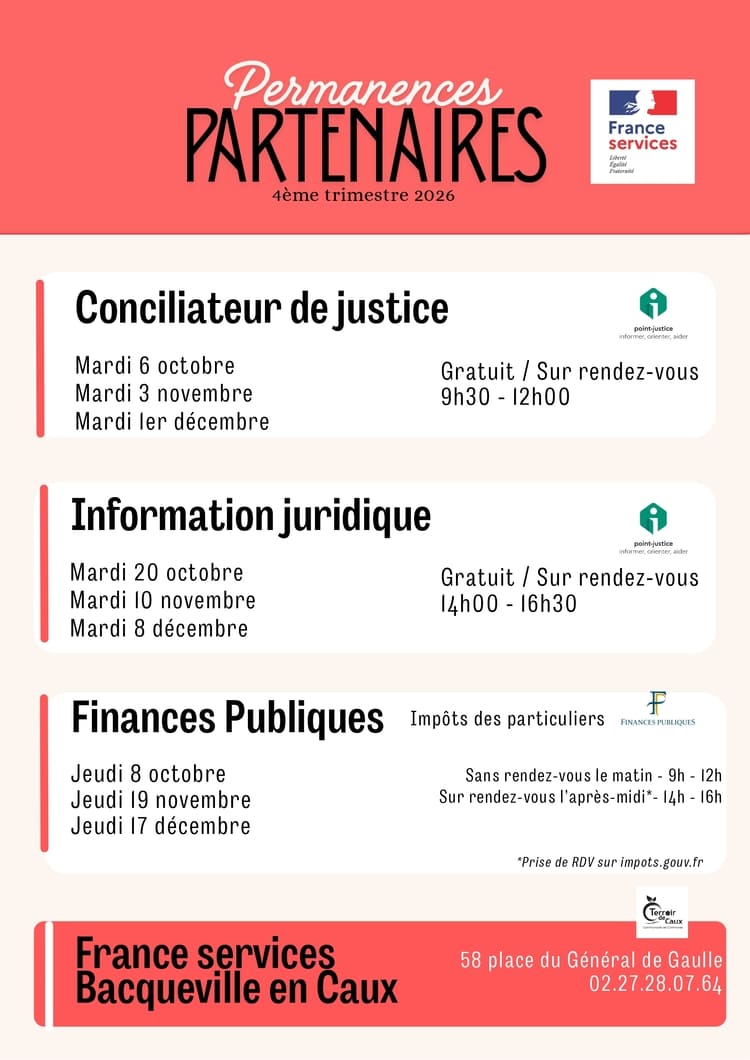 Permanences des partenaires France Service – 4e trimestre 2026 à Bacqueville-en-Caux
